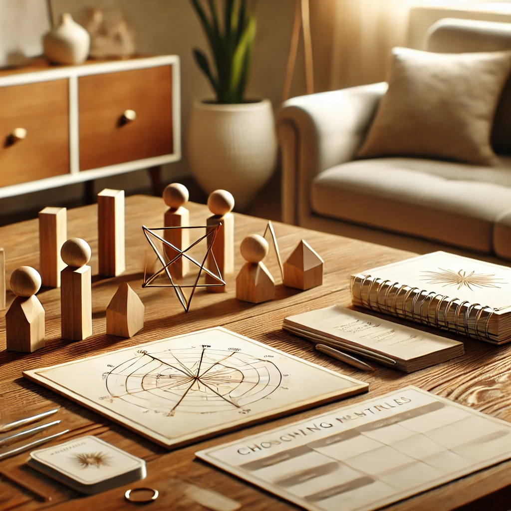 Ein ruhiger Coaching-Raum mit einem aufgeräumten Tisch, auf dem Coaching-Materialien liegen. Die Umgebung vermittelt individuelle Betreuung, Flexibilität und Transformation im Coaching-Prozess.