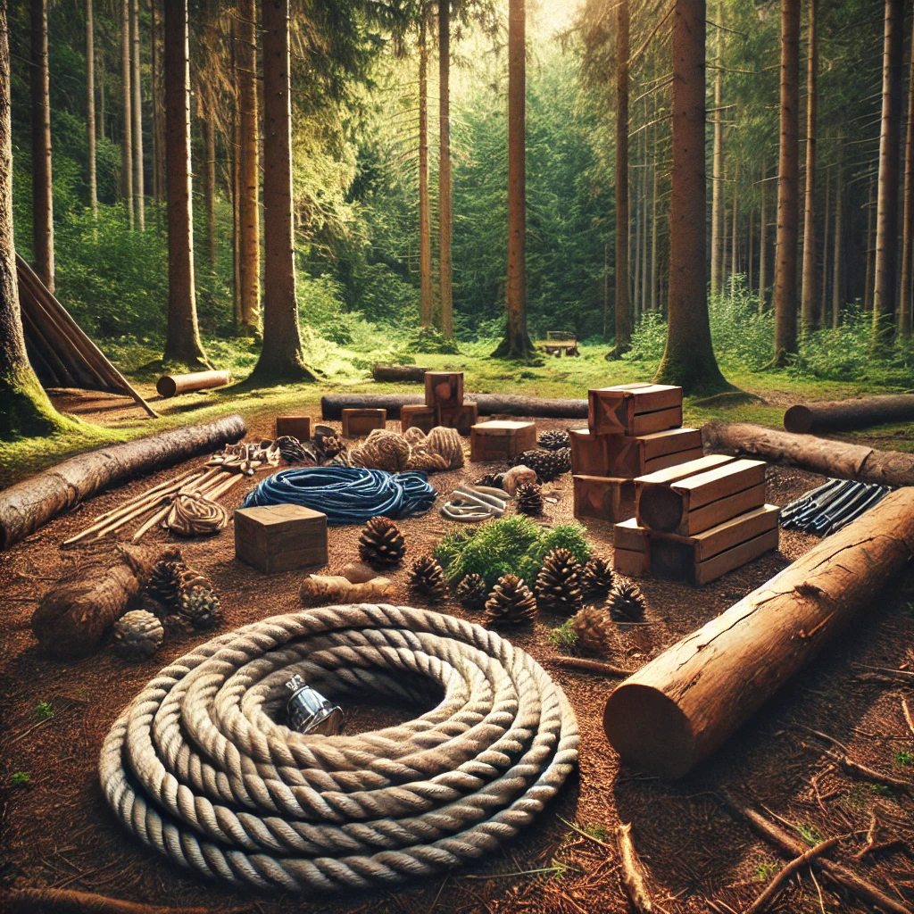 Materialien für Outdoor-Team-Building-Aufgaben, wie Seile und Holz, auf einem Waldboden, bereit für Bau-Aufgaben, Körperarbeit und einen Naturparcours. Die Szene zeigt das Setup für Herausforderungen, die strategische Planung, Kommunikation und Teamarbeit erfordern.