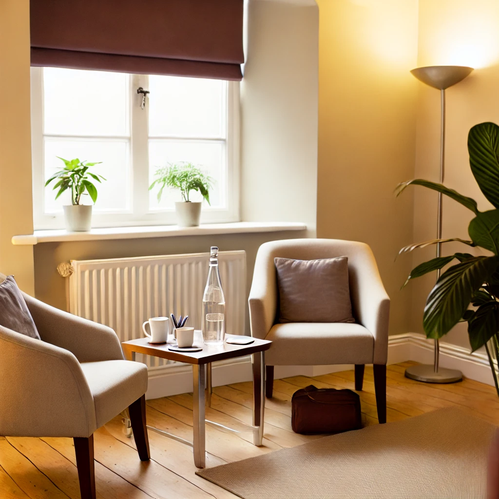 Ein aufgeräumter Coaching-Raum mit gemütlicher Atmosphäre, bereit für eine 1:1 Coaching-Sitzung. Der Raum strahlt Ruhe und Konzentration aus, ideal für persönliche Unterstützung bei beruflichen oder privaten Zielen.