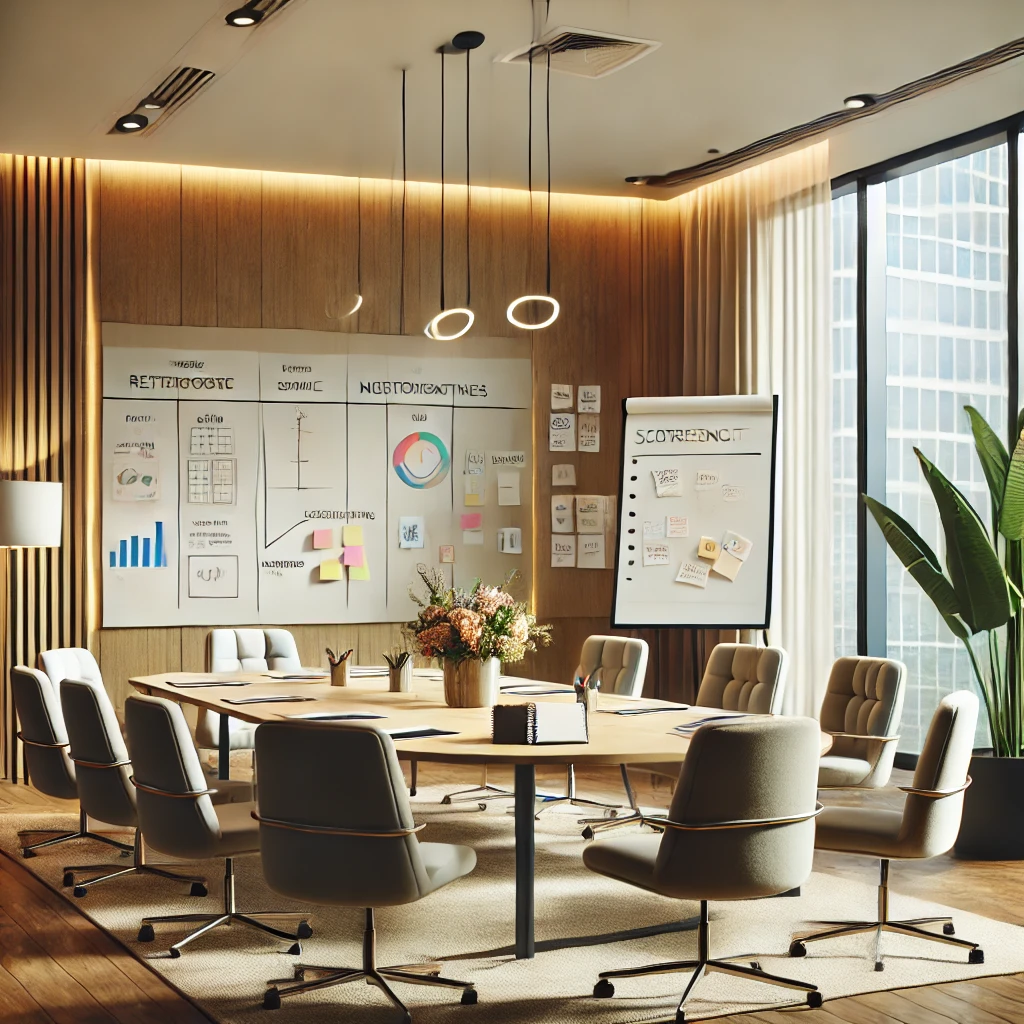 Ein moderierter Workshop: Ein professionell vorbereiteter Besprechungsraum mit Flipcharts und Moderationsmaterial, bereit für Teamwork und die Entwicklung neuer Ideen unter der Anleitung einer erfahrenen Moderatorin.